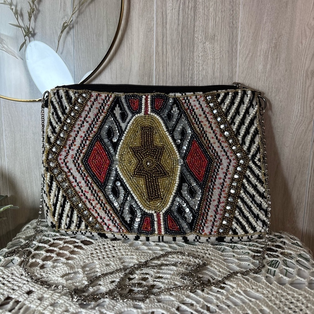 Expressions NYC Elegant Beaded Clutch with Crossbody Chain Strap